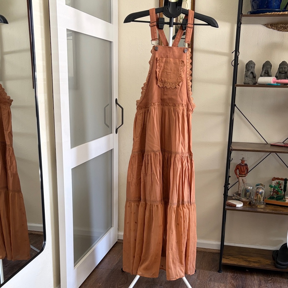 In Bloom Rust Tiered Pinafore Maxi Dress